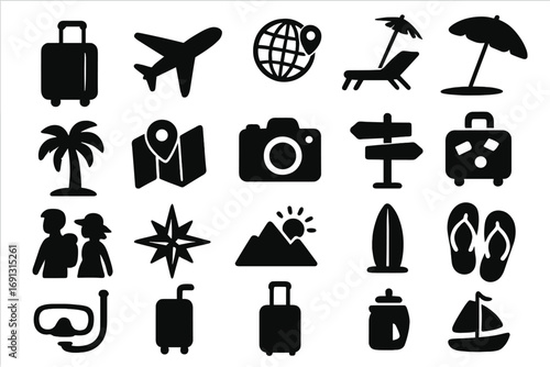 Travel and leisure silhouette icon set. Vacation, adventure, and lifestyle symbols collection. Includes plane, luggage, map, and beach icons for tourism and holiday design.