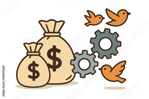 Vector illustration of finance technology. Fintech concept with money bags, gears, birds. Metaphor for startup investment, business automation, economic system, and profit.