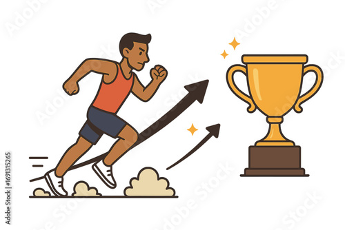 Motivated runner sprinting toward shining trophy symbolizing achievement, success, competition, goal accomplishment, sports victory, and personal growth vector illustration