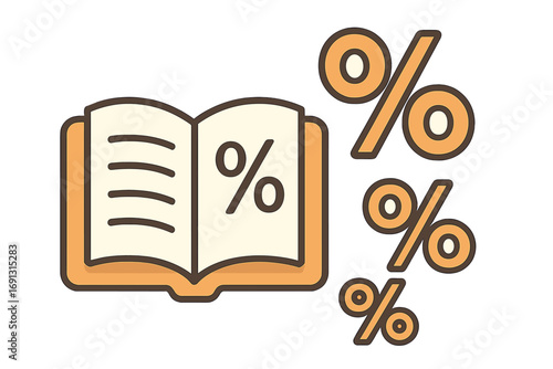 Financial literacy concept with open book and percentage symbols. Learning about interest rates, credit, discounts, and investment. Metaphor for financial education and economy.