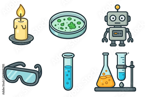 Science icon set with candle, petri dish, robot, safety goggles, test tube, and laboratory glassware. Vector cartoon illustration collection for technology, chemistry, biology, and robotics concepts.