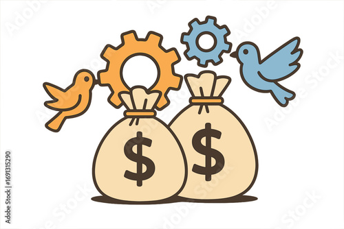 Finance technology concept with money bags and gears. Birds symbolize ideas and communication. Metaphor for investment, business process, innovation, fintech, startup funding.