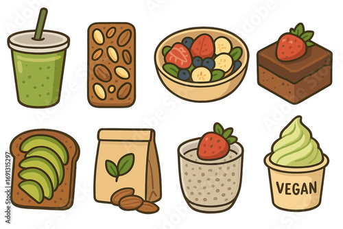 Variety of healthy plant-based food items, vegan snacks, desserts, avocado toast, smoothie, nuts, fruit bowl, almond packaging, chia pudding, and vegan ice cream, cartoon vector illustration