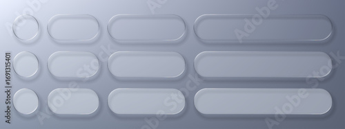 Geometric elements with liquid glass morphism vector. Transparent buttons and shapes for ui design and web interface decoration.