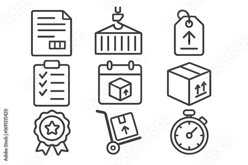Shipping and logistics icons set with waybill, seal, label, checklist, calendar delivery, package box, and stopwatch in outline style, vector cartoon illustration transparent background