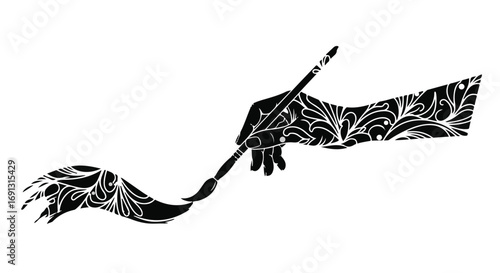 Creative hand with ornate patterns paints flowing artistic design with a brush