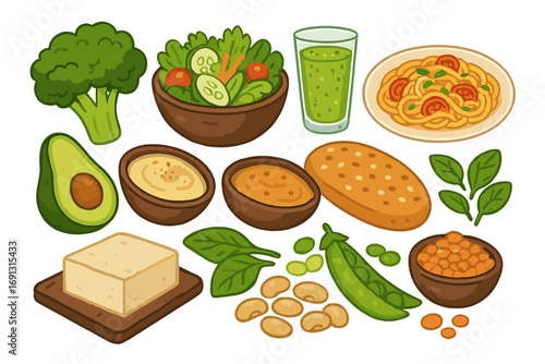 Variety of plant-based foods including fresh vegetables, avocado, legumes, tofu, salad, green smoothie, pasta, and healthy snacks. Vegan healthy eating, natural organic food vector illustration