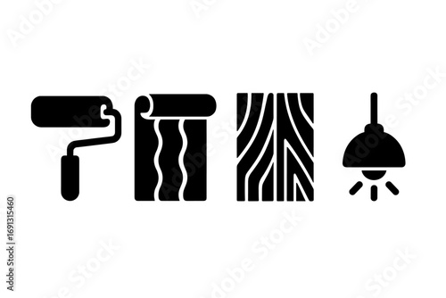 Solid room renovation icons set with paint roller, wallpaper roll, floor plank texture, and hanging light fixture, vector cartoon style illustration for home improvement designs