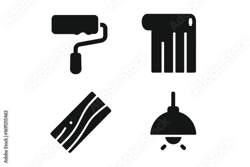 Room renovation icons vector set with solid filled style including paint roller, wallpaper, wooden floor plank, and modern light fixture elements for interior design projects and construction