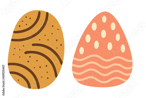 Set of two decorated Easter eggs with modern patterns. Flat vector illustration for spring holiday celebration. Minimalist icons for Easter hunt design element. Cartoon style.