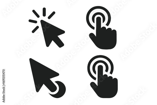 Click cursor and hand tap icon set. User interface symbols for web and mobile apps. Vector pointer, press button, loading arrow, and finger touch glyph collection. Solid style.