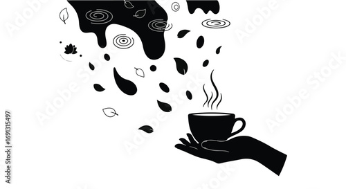 Warm cup of coffee steaming from an open hand, with abstract shapes floating upwards.