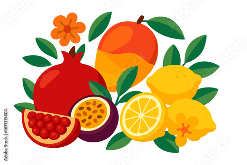 Tropical fruits vector illustration. Exotic fresh food set with pomegranate, mango, passion fruit, lemon. Summer harvest for healthy diet, vitamins, juice. Abstract flat cartoon design.