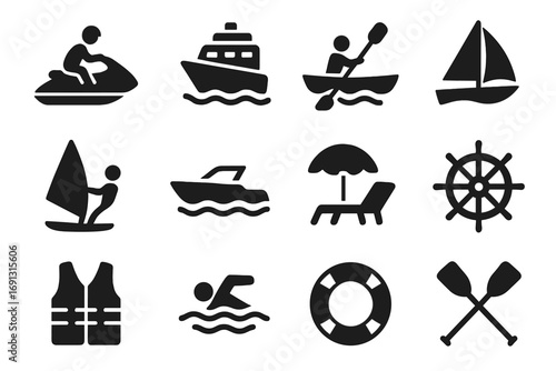 Water sports, summer vacation solid icon set. Nautical leisure, cruising symbols collection. Vector of boat, yacht, jet ski, sail, swim, beach, kayak, life jacket pictogram.