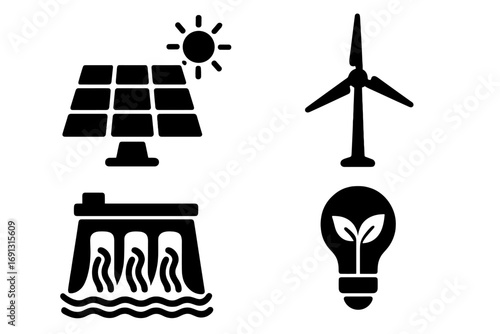 Silhouette icons of renewable energy sources with solar panel, wind turbine, hydroelectric dam, and eco lightbulb vector set, sustainable power, clean energy illustration transparent background