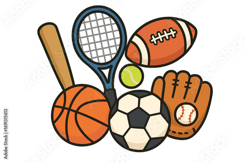 Colorful various sports equipment set with baseball bat, basketball, soccer ball, tennis racket and ball, football, and baseball glove, vector cartoon illustration, transparent background