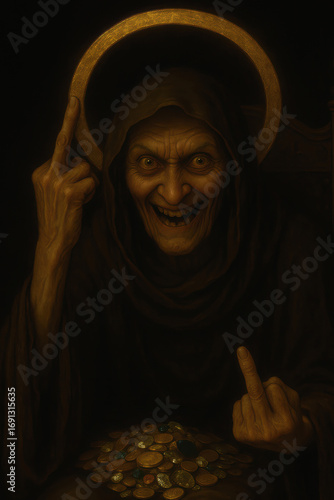 Ironic image: the witch wears a halo and shows the middle finger gesture as a symbol of meanness and greed.