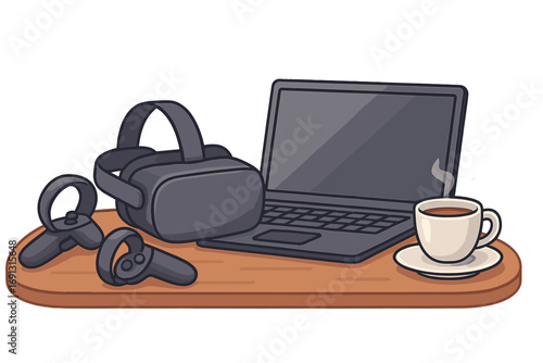Virtual reality headset and controllers with laptop and steaming coffee cup, remote work setup, modern workspace technology, digital remote office vector illustration