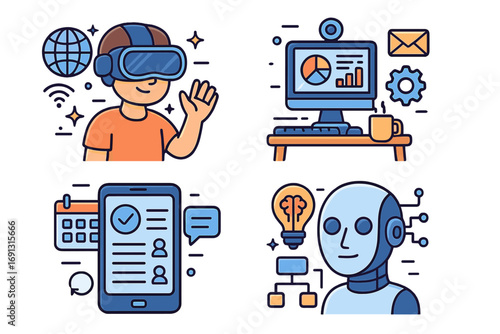 Virtual technology and workspace icons representing modern digital lifestyle with AI integration, remote work, VR headset, digital communication, smart devices, innovation concept vector illustration