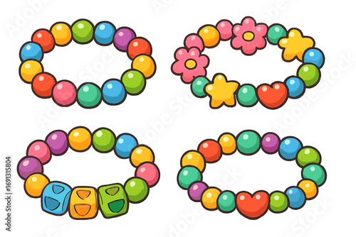 Colorful beaded bracelets set for kids. Children's friendship jewelry accessories. Vector cartoon illustration with vibrant beads, heart, star, flower and ABC letter blocks. Craft concept.