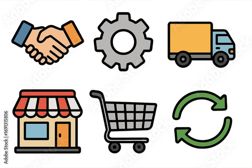 Supply chain icons set with handshake, gear, delivery truck, storefront, shopping cart, and feedback loop, colorful vector cartoon illustration, transparent background, business logistics concept