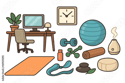 Home fitness and wellness tools with relaxation essentials in modern workspace setup, yoga mat, exercise ball, dumbbells, aromatherapy diffuser, meditation cushion, and computer desk illustration