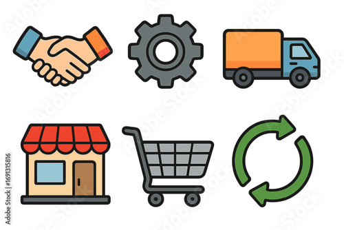 Supply chain icons set with handshake, gear, delivery truck, storefront, shopping cart, feedback loop, business process symbols, logistics and retail vector illustration
