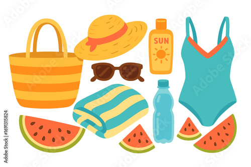 Summer vacation essentials for fun beach day with sun protection, refreshing water, stylish swimsuit, sun hat, sunglasses, beach towel, watermelon, and bag. Vector cartoon illustration