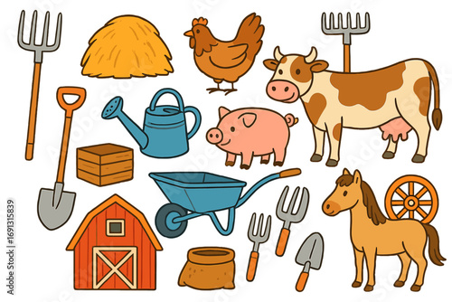 Colorful Farm Animals and Agricultural Tools Vector Cartoon Illustration. Barn, Cow, Pig, Horse, Chicken, Wheelbarrow, Watering Can, Pitchfork, Shovel, Garden Tools, Haystack, Rustic Farming Equipment