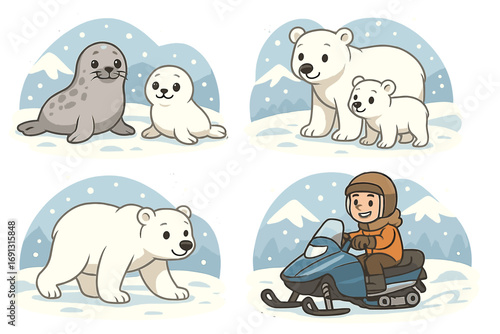 Cute winter wildlife collection with seals, playful polar bears, and happy person riding snowmobile in snowy arctic landscape, cartoon vector illustration set