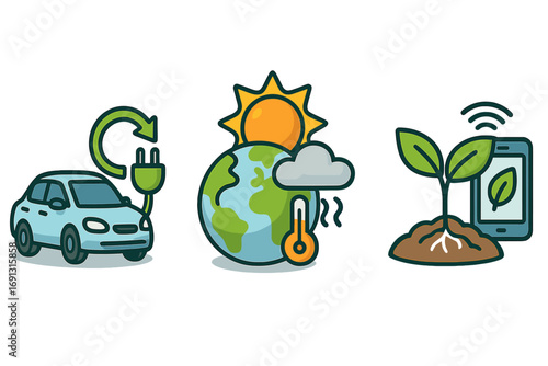 Sustainable technology icons set with electric vehicle charging, climate change environmental warming, and smart agriculture plant growth monitoring, eco-friendly green energy concept