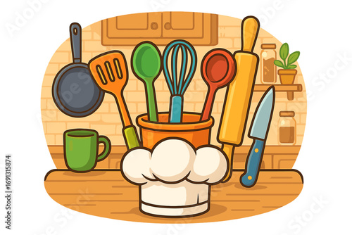 Kitchen utensils and chef hat. Cooking, baking equipment concept. Culinary school, restaurant, or food blog vector illustration. Gastronomy and food preparation tools.