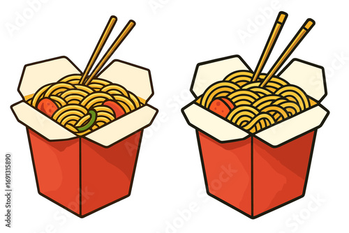 Two styles of Asian noodles in takeout boxes with chopsticks, traditional and cartoon vector illustration, Chinese food, pasta, fast food, delivery meal, transparent background
