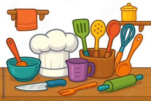 Cartoon illustration of colorful kitchen utensils and cooking tools. Chef hat, rolling pin, whisk, and spatula for culinary concepts. Vector graphic for gastronomy and food prep.