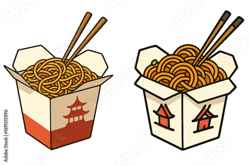 Two styles of Asian noodles served in takeout containers with chopsticks, traditional and cartoon illustration designs, Chinese food, Asian cuisine vector art, transparent background