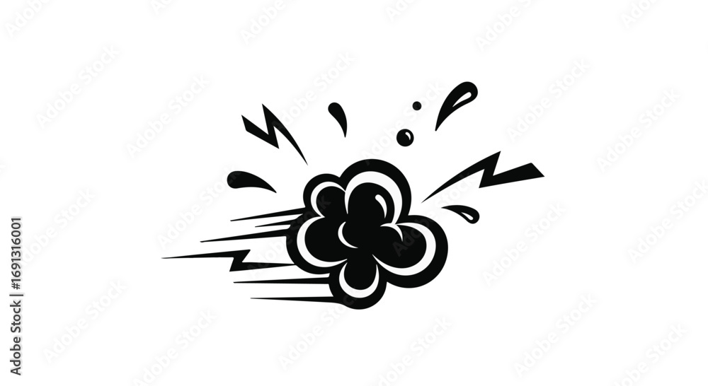 Fototapeta premium Graphic explosion symbol featuring sharp jagged edges with speed motion lines isolated on a white background for high impact comic book style marketing banners and editorial content.