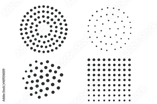 Abstract vector background with circular dot patterns, variable sizes and densities, geometric shapes, visual texture design elements, modern minimalistic style, seamless pattern collection