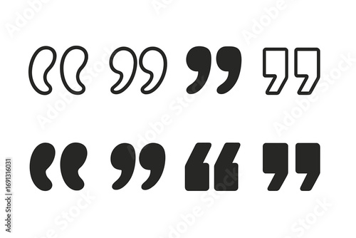 Set of diverse quotation marks vector flat illustration in black and white, various styles of quote symbols, punctuation marks design, typography elements, communication symbols