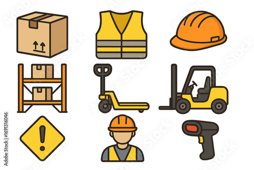 Warehouse essentials safety and equipment icon set for logistics and industrial operations, vector cartoon illustration with protective gear, machinery, storage, and warning symbols