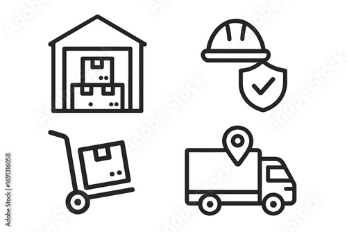 Warehouse management icons set with inventory, safety helmet and shield, package on hand truck, logistics delivery truck with location pin, linear style vector illustration
