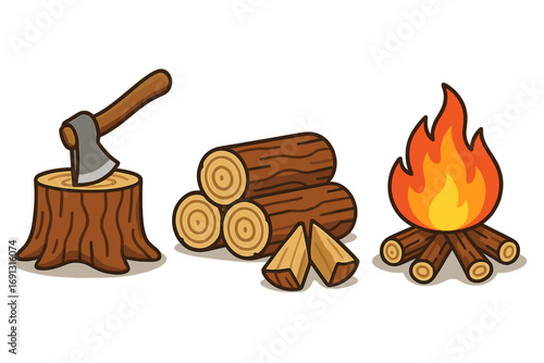 Woodworking essentials for outdoor activities with stacked logs, axe in wooden stump, and campfire burning bright, vector cartoon illustration, camping firewood tools set