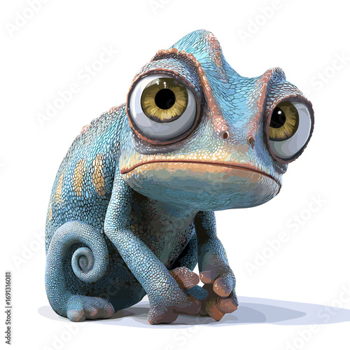 A cartoon illustration of a cute, inquisitive chameleon in striking blue and yellow colors. The chameleon gazes out with large, expressive eyes