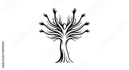 Abstract tree with many reaching hands symbolizing growth, connection, and community support.