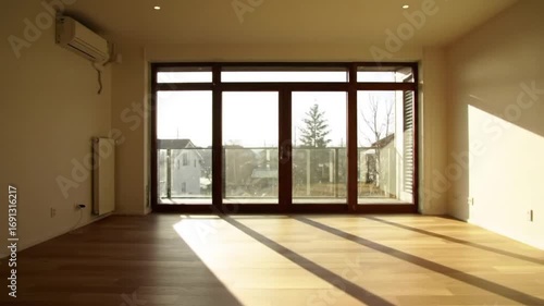 Empty Room Interior with Large Windows and City View