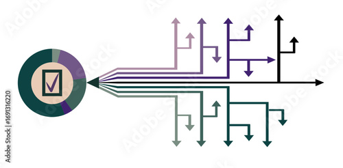 Central hub of outward branching arrows shaped like a pencil. Pie chart with an OK check mark in it. Business success, workflow, project approval, multiple paths, and creative data solutions. 