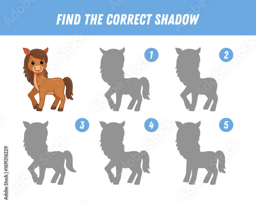 Find correct shadow of cute cartoon horse. Educational logical game for kids. Funny animal. Vector illustration 