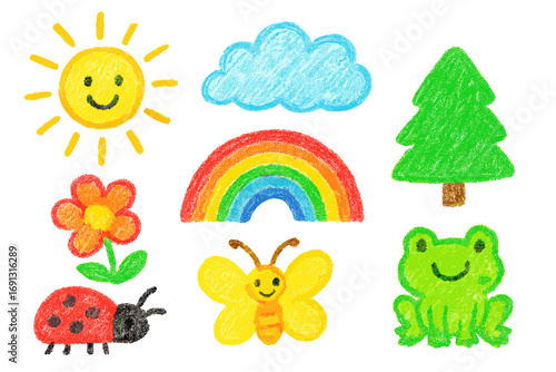 Crayon drawing set of cute nature elements. Hand drawn kid's art with sun, rainbow, cloud, tree, flower, butterfly, ladybug and frog. Cheerful cartoon vector illustration.