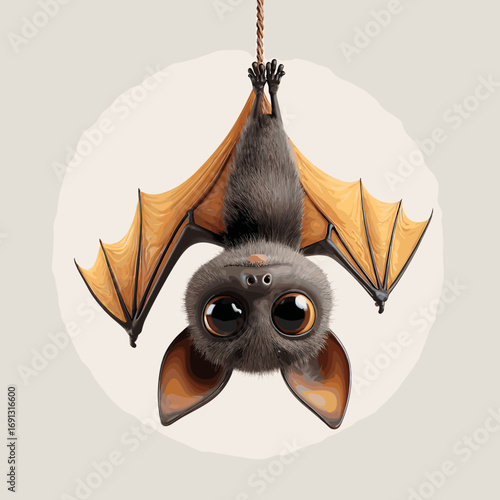 Cute baby bat hanging upside down on a rope, with big eyes and a charming appearance. It is in a circle background