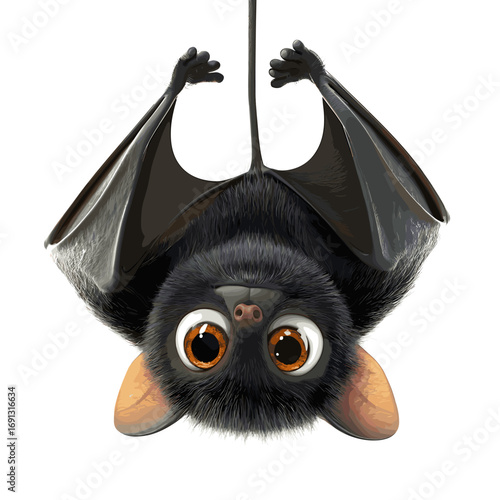 A cute cartoon bat with a big eyes hanging upside down
