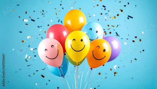 Bunch of colorful balloons with smiley faces, surrounded by confetti